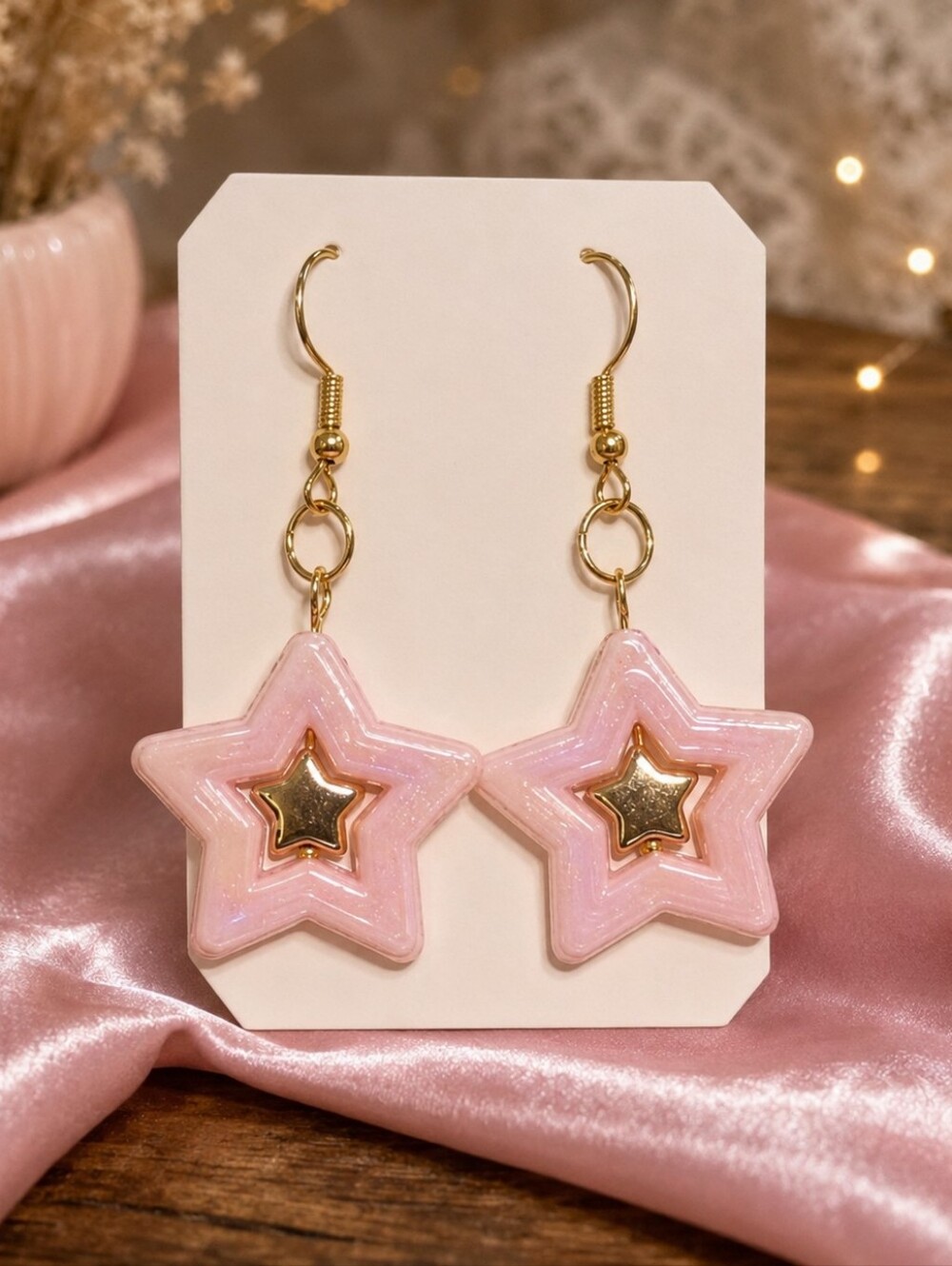 ⭐Pastel Pink & Gold Star⭐ Drop Dangle Spinner Earrings - 🩷Y2K✨Fidget Jewelry 💞